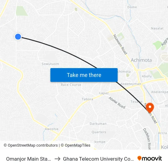 Omanjor Main Station to Ghana Telecom University College map