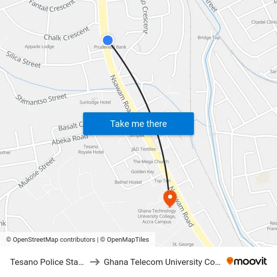 Tesano Police Station to Ghana Telecom University College map