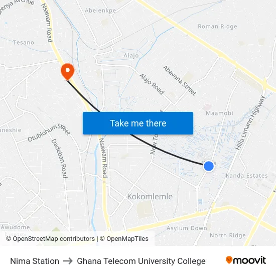 Nima Station to Ghana Telecom University College map
