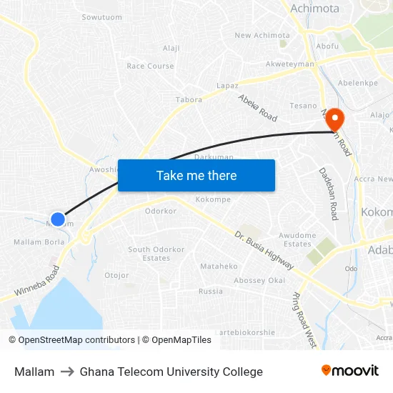 Mallam to Ghana Telecom University College map