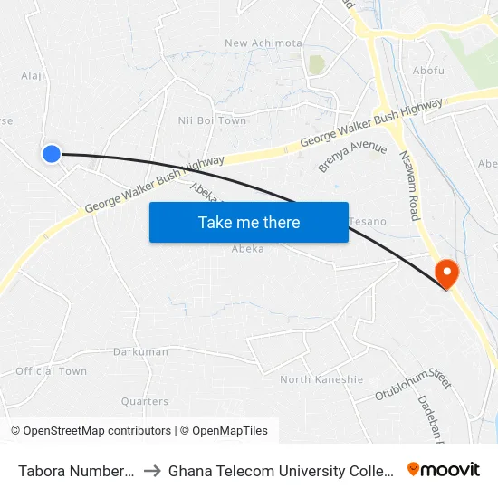 Tabora Number 4 to Ghana Telecom University College map