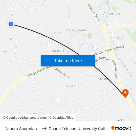 Tabora Asoredanho to Ghana Telecom University College map
