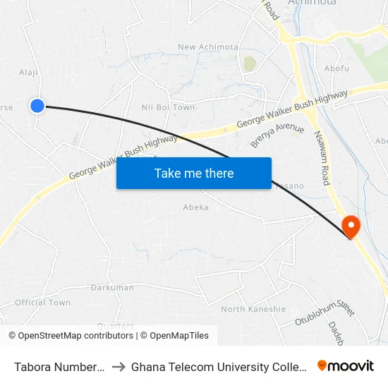 Tabora Number 6 to Ghana Telecom University College map