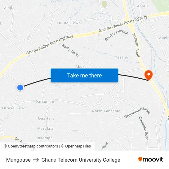 Mangoase to Ghana Telecom University College map