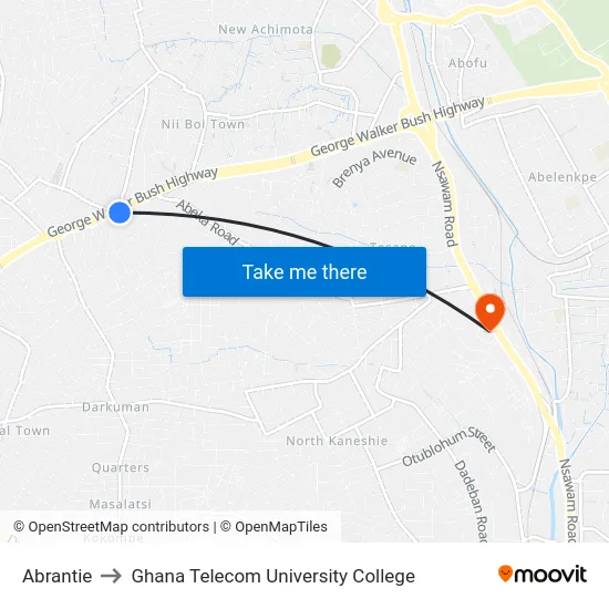 Abrantie to Ghana Telecom University College map