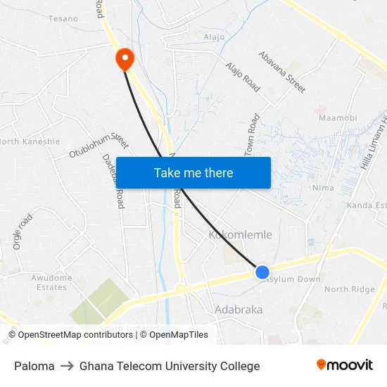 Paloma to Ghana Telecom University College map