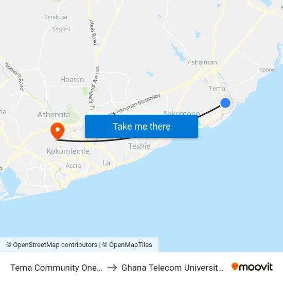 Tema Community One Market to Ghana Telecom University College map