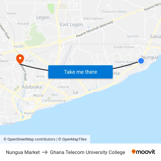 Nungua Market to Ghana Telecom University College map