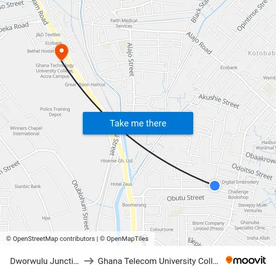 Dworwulu Junction to Ghana Telecom University College map