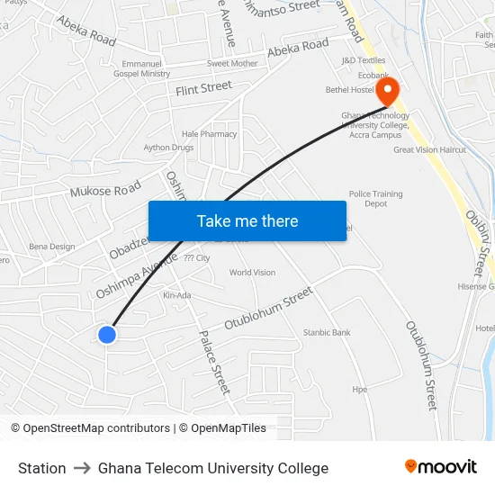 Station to Ghana Telecom University College map