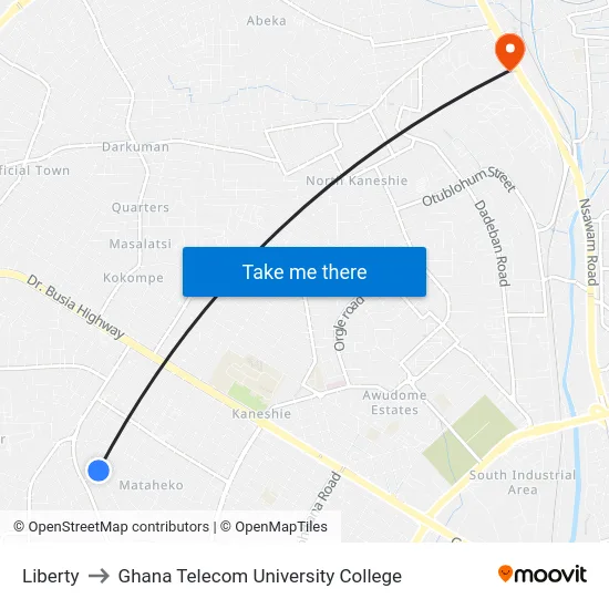 Liberty to Ghana Telecom University College map