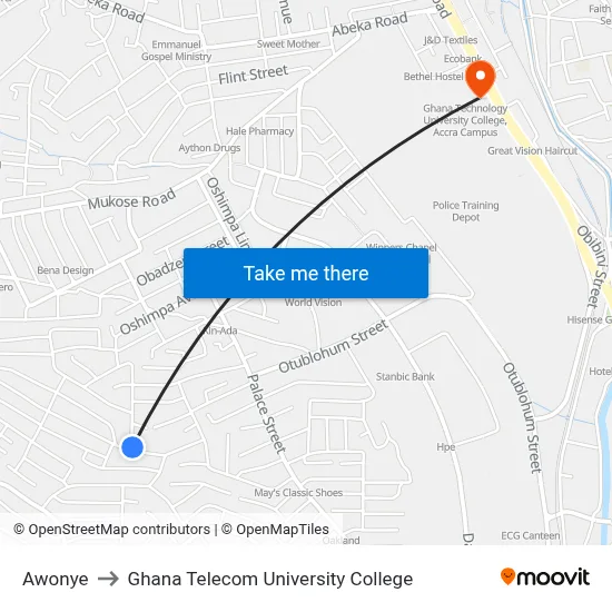 Awonye to Ghana Telecom University College map