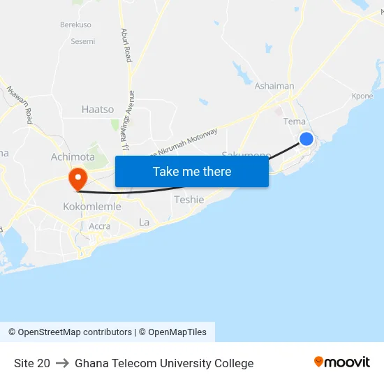 Site 20 to Ghana Telecom University College map