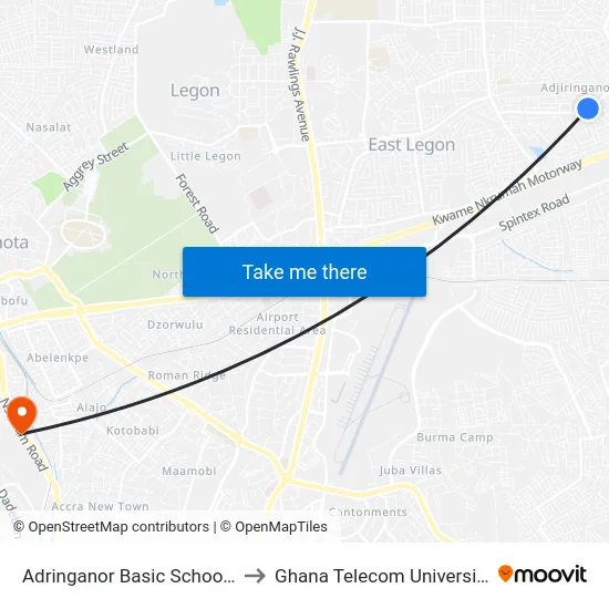 Adringanor Basic School Junction to Ghana Telecom University College map