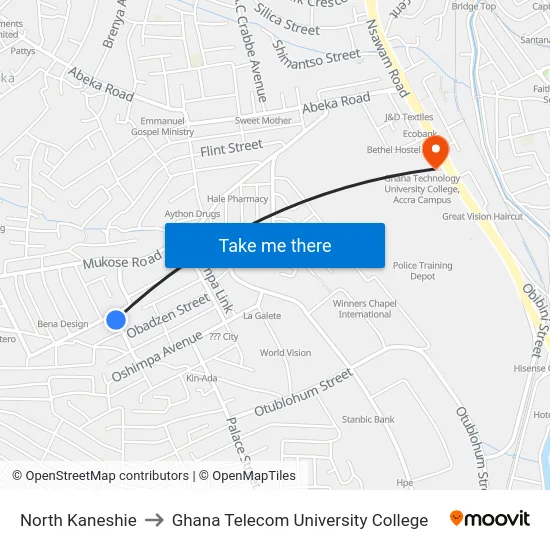 North Kaneshie to Ghana Telecom University College map