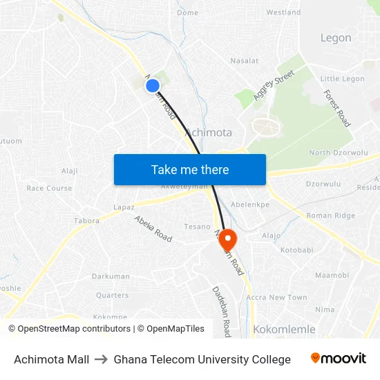 Achimota Mall to Ghana Telecom University College map