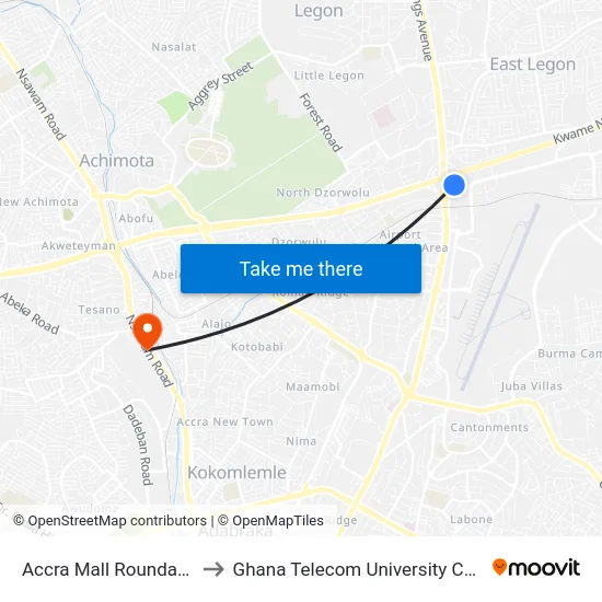Accra Mall Roundabout to Ghana Telecom University College map