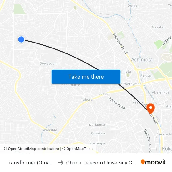 Transformer (Omanjor) to Ghana Telecom University College map