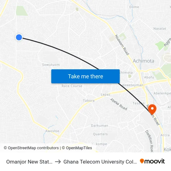 Omanjor New Station to Ghana Telecom University College map