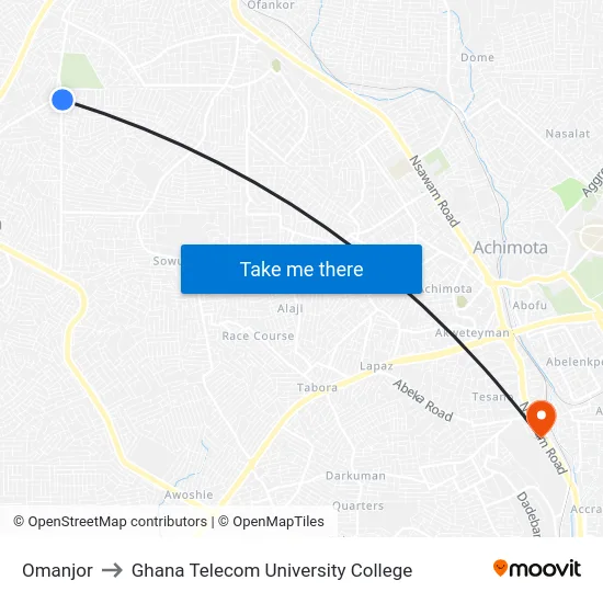 Omanjor to Ghana Telecom University College map