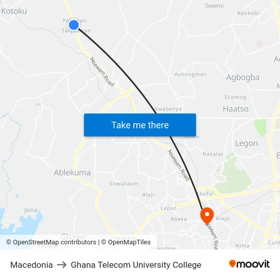 Macedonia to Ghana Telecom University College map