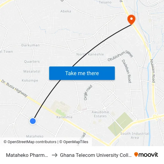 Mataheko Pharmacy to Ghana Telecom University College map