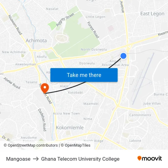 Mangoase to Ghana Telecom University College map