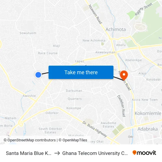 Santa Maria Blue Kiosk to Ghana Telecom University College map