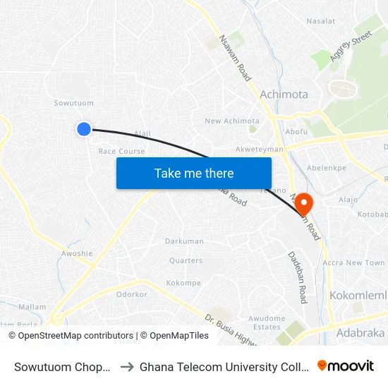 Sowutuom Chopbar to Ghana Telecom University College map