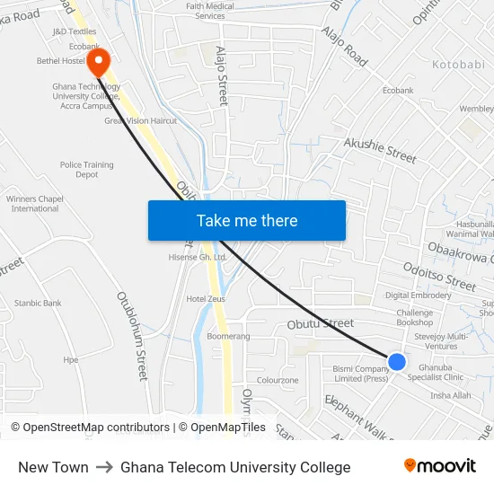 New Town to Ghana Telecom University College map
