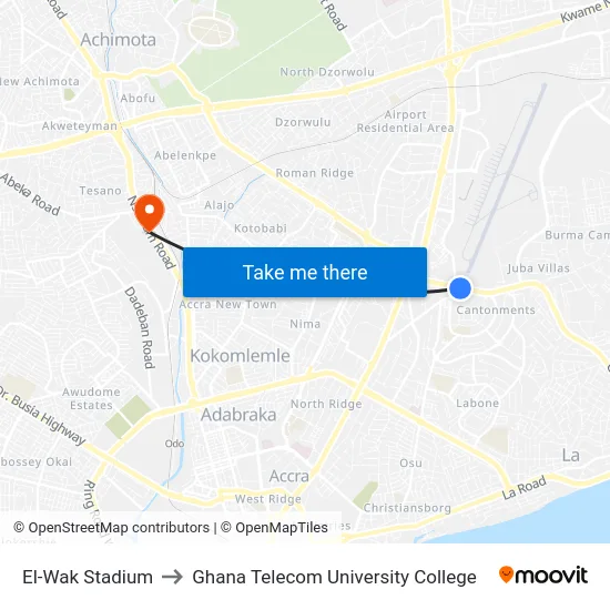 El-Wak Stadium to Ghana Telecom University College map