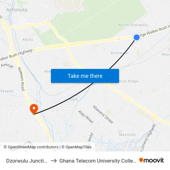 Dzorwulu Junction to Ghana Telecom University College map