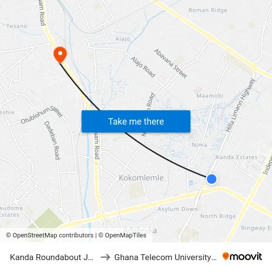 Kanda Roundabout Junction to Ghana Telecom University College map
