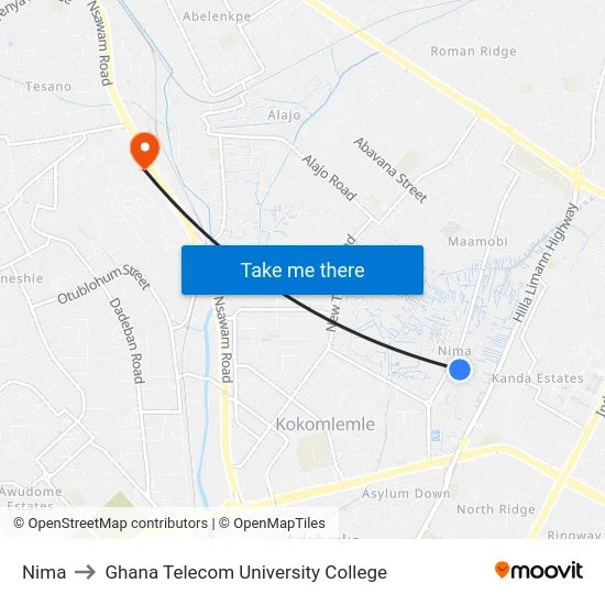 Nima to Ghana Telecom University College map