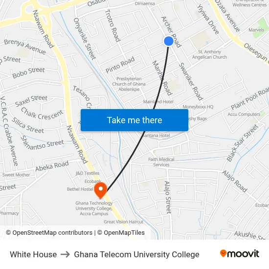 White House to Ghana Telecom University College map