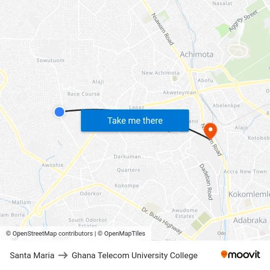 Santa Maria to Ghana Telecom University College map