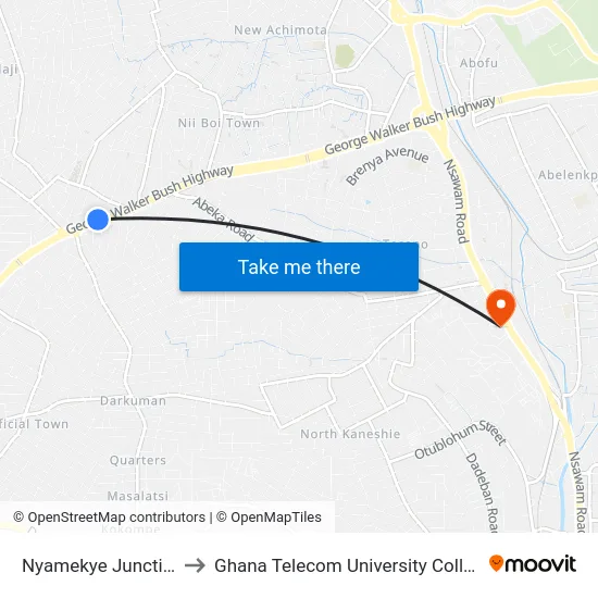 Nyamekye Junction to Ghana Telecom University College map