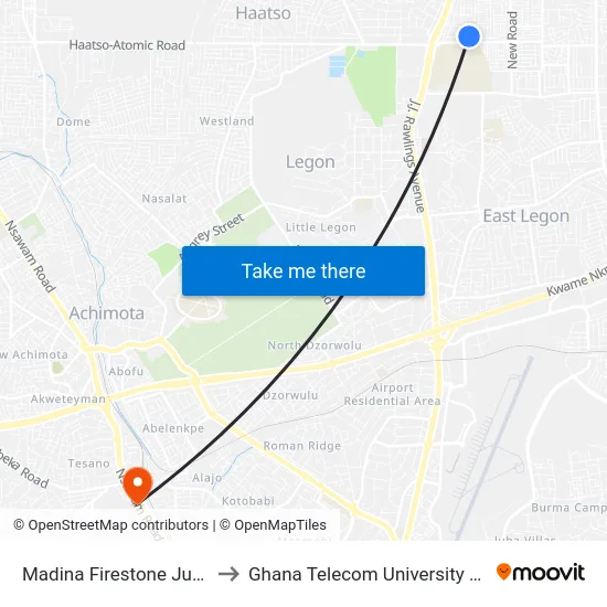 Madina Firestone Junction to Ghana Telecom University College map