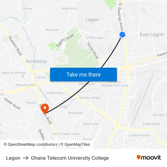Legon to Ghana Telecom University College map
