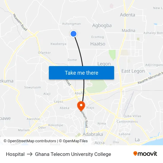 Hospital to Ghana Telecom University College map