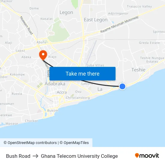 Bush Road to Ghana Telecom University College map