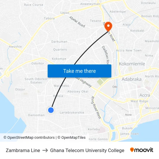 Zambrama Line to Ghana Telecom University College map