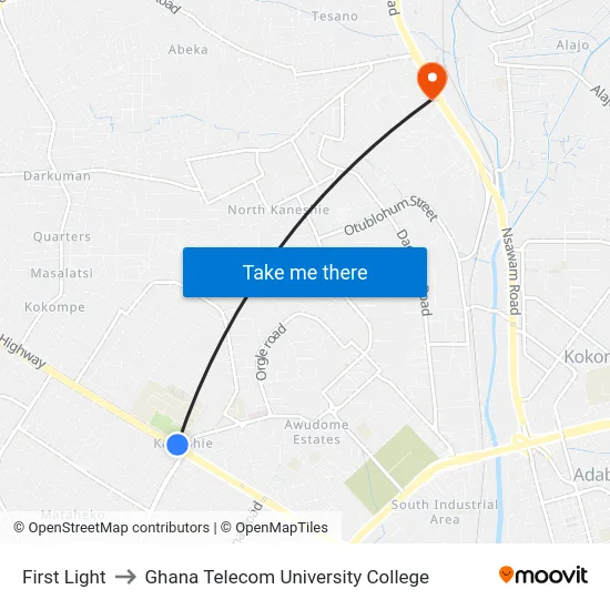 First Light to Ghana Telecom University College map