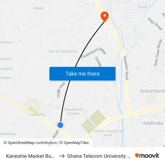 Kaneshie Market Bus Stop to Ghana Telecom University College map