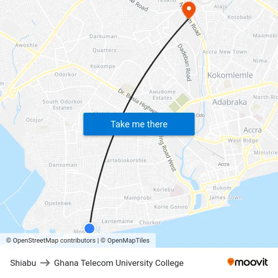Shiabu to Ghana Telecom University College map