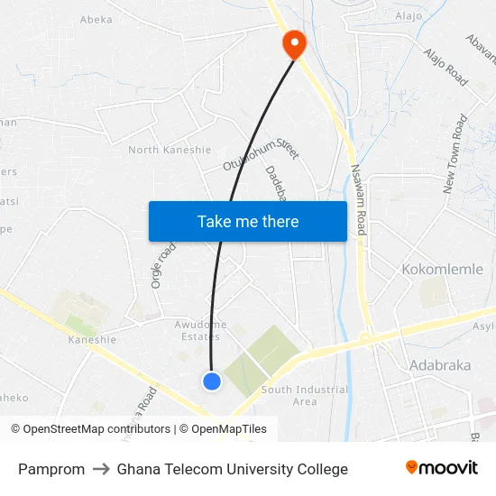 Pamprom to Ghana Telecom University College map