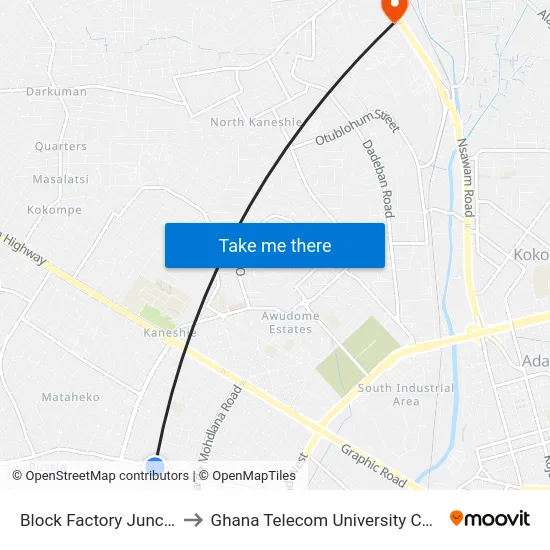 Block Factory Junction to Ghana Telecom University College map