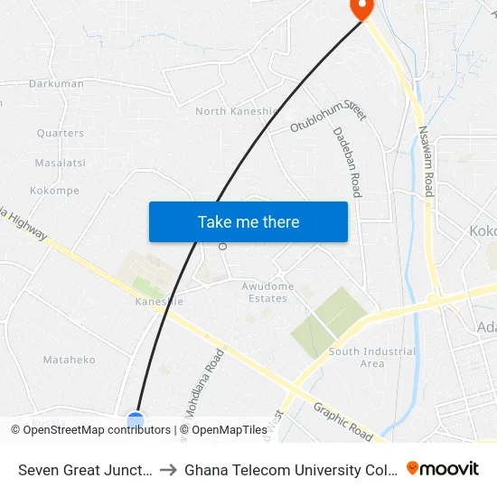 Seven Great Junction to Ghana Telecom University College map