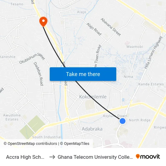 Accra High School to Ghana Telecom University College map