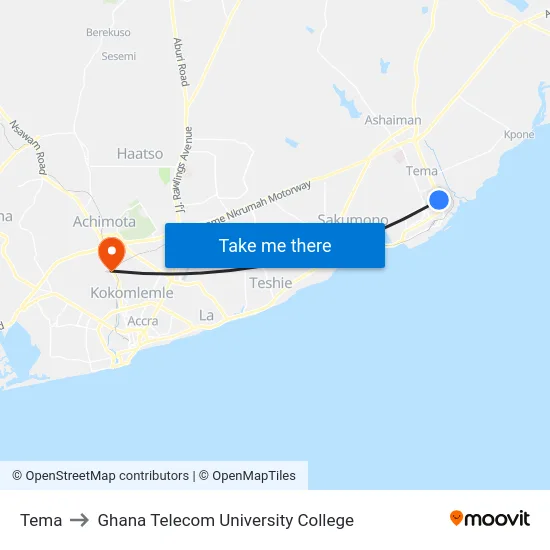 Tema to Ghana Telecom University College map